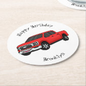 かわいい赤いピックアップトラックの漫画イラストレーション ラウンドペーパーコースター (アングル)