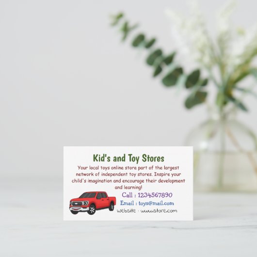 かわいい赤いピックアップトラックの漫画イラストレーション 名刺 (スタンド正面)