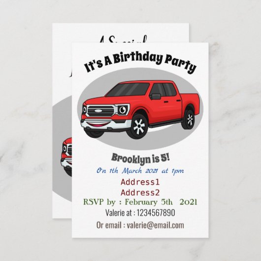 かわいい赤いピックアップトラックの漫画イラストレーション 招待状