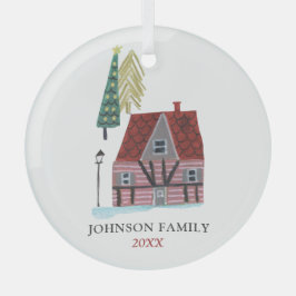 かわいい赤いピンクのクリスマスハウスコージーシャレー ガラスオーナメント