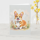 かわいい赤いペンブロークウェルシュコーギー犬 カード (黄色い花)