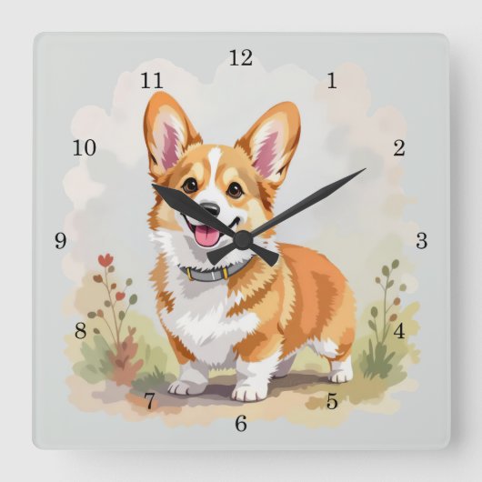 かわいい赤いペンブロークウェルシュコーギー犬 スクエア壁時計 (正面)