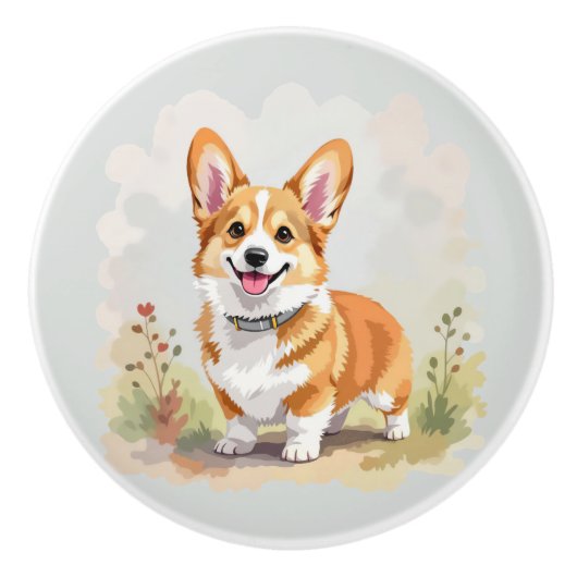 かわいい赤いペンブロークウェルシュコーギー犬 セラミックノブ (正面)