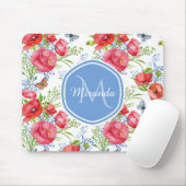 かわいい赤いポピーと青い蝶の名前付き マウスパッド (マウス)