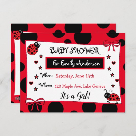 かわいい赤いラディバグベイビーシャワー招待状 ポストカード (正面/裏面)