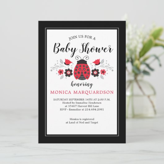 かわいい赤いラディバグ女の子の赤ちゃんシャワー 招待状 (スタンド正面)