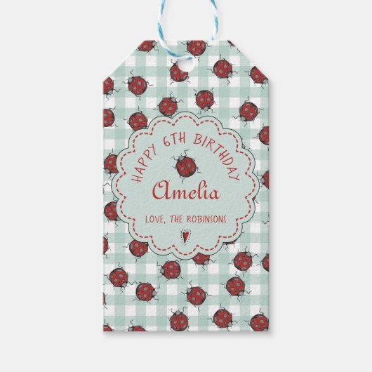 かわいい赤いラディバグ&ターコイズジンジャムパターンキッズ ギフトタグ (正面)