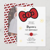 かわいい赤いリボンのファンタジーな誕生日パーティー 招待状 (正面/裏面)