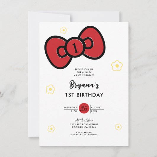 かわいい赤いリボンのファンタジーな誕生日パーティー 招待状 (正面)