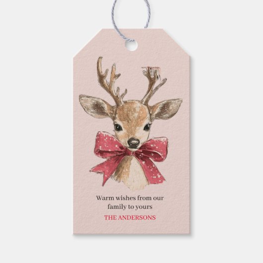 かわいい赤いリボンの鹿 | ピンクのクリスマス ギフトタグ (正面)