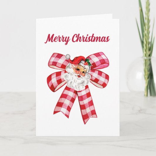 かわいい赤いリボン&サンタクロース、シンプルな写真のクリスマス カード (正面)