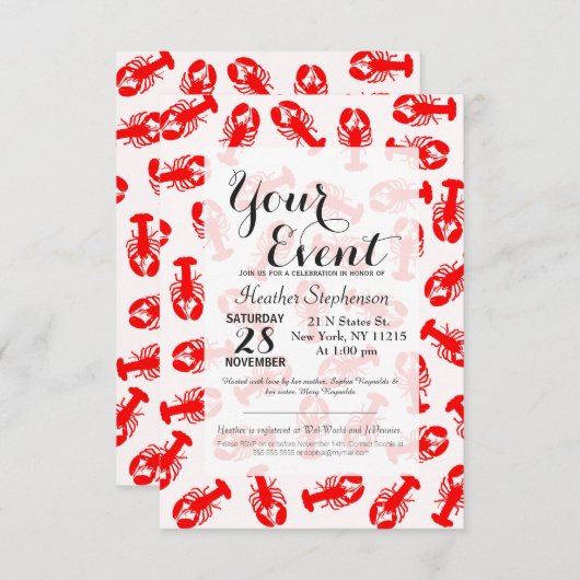 かわいい赤いロブスターの動物柄 招待状 (正面/裏面)