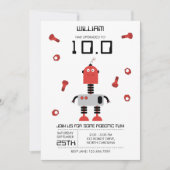 かわいい赤いロボットテーマキッズロボット誕生日パーティー 招待状 (正面)
