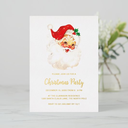 かわいい赤いヴィンテージサンタクロースのクリスマスパーティー金ゴールド 箔招待状 (立ち正面)