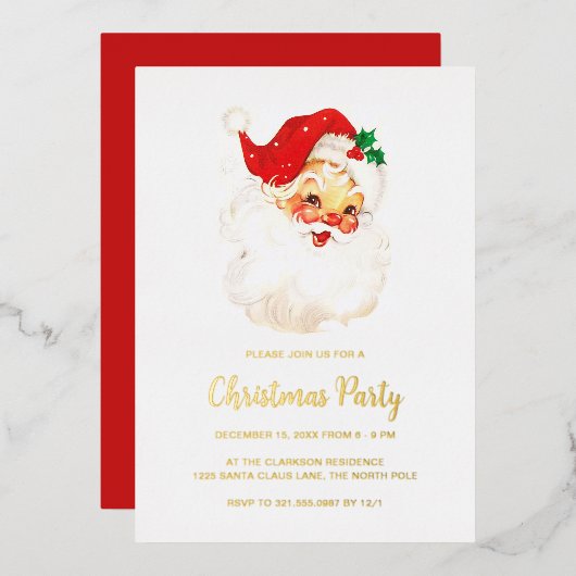 かわいい赤いヴィンテージサンタクロースのクリスマスパーティー金ゴールド 箔招待状 (正面/裏面)