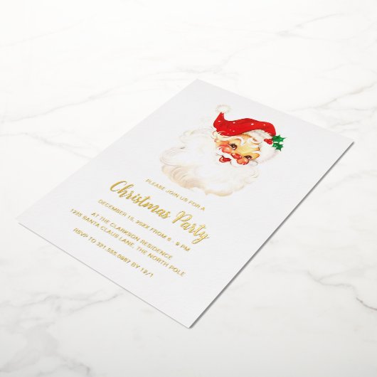 かわいい赤いヴィンテージサンタクロースのクリスマスパーティー金ゴールド 箔招待状 (回転した状態)