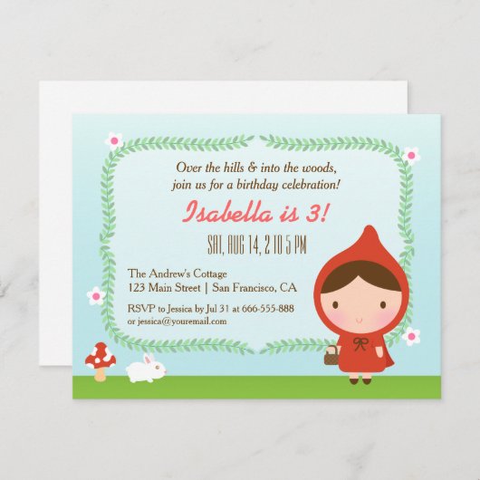 かわいい赤い乗馬フードガールバースデーパーティー 招待状 (正面/裏面)