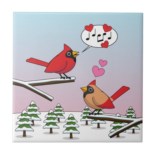 かわいい赤い北深紅色冬の風景を愛する タイル (正面)