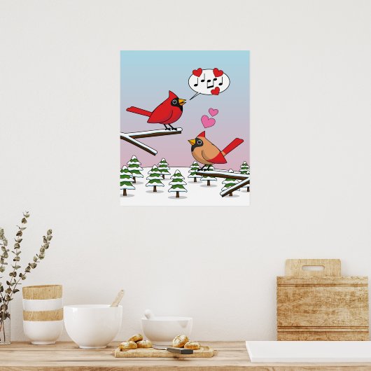 かわいい赤い北深紅色冬の風景を愛する ポスター (キッチン)