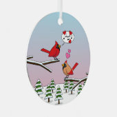 かわいい赤い北深紅色冬の風景を愛する メタルオーナメント (正面右)