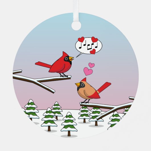 かわいい赤い北深紅色冬の風景を愛する メタルオーナメント (裏面)