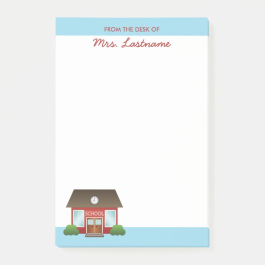 かわいい赤い学校建物と名前をカスタムする ポストイット (正面)