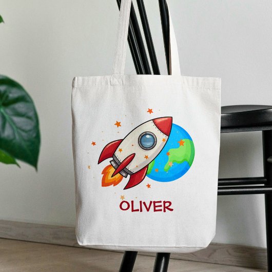 かわいい赤い宇宙のロケット トートバッグ