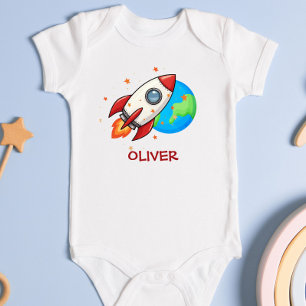 かわいい赤い宇宙のロケット ベビーボディスーツ