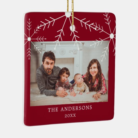 かわいい赤い家族の写真の雪の結晶クリスマス名 セラミックオーナメント (右)