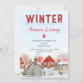 かわいい赤い家　雪　クリスマス　誕生日パーティー 招待状 (正面)