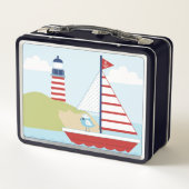 かわいい赤い帆船と灯台 メタルランチボックス (裏面)