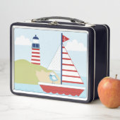 かわいい赤い帆船と灯台 メタルランチボックス (インサイチュ)
