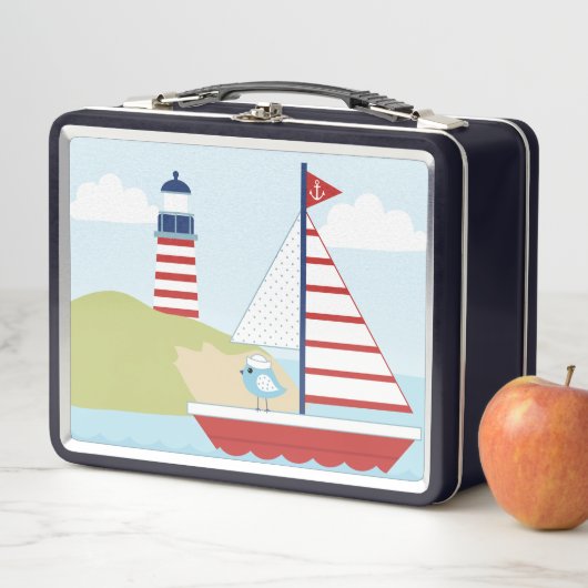 かわいい赤い帆船と灯台 メタルランチボックス (インサイチュ)
