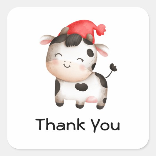 かわいい赤い帽子にハッピーカウサンキュー スクエアシール (正面)