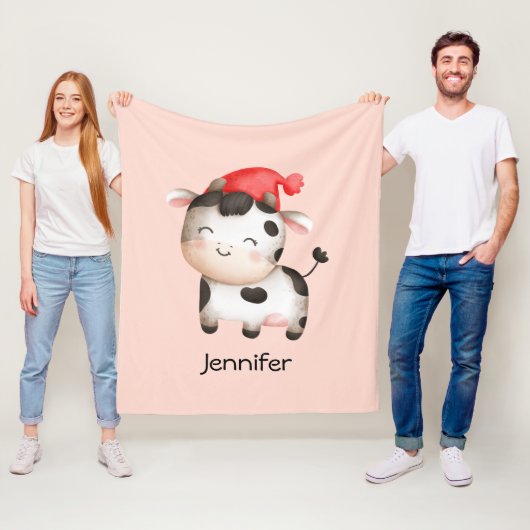 かわいい赤い帽子の幸せ牛 フリースブランケット (インサイチュ)