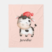 かわいい赤い帽子の幸せ牛 フリースブランケット (正面)