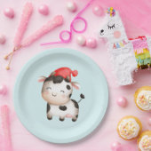 かわいい赤い帽子の幸せ牛 ペーパープレート (パーティー)