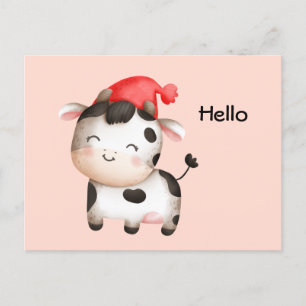 かわいい赤い帽子の幸せ牛 ポストカード
