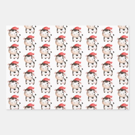 かわいい赤い帽子の幸せ牛 ラッピングペーパーシート (正面)