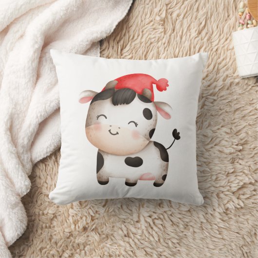 かわいい赤い帽子をかぶったハッピーカウズ クッション (ブランケット)