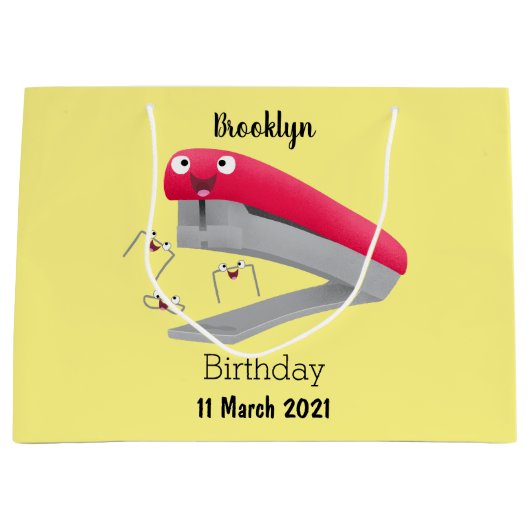 かわいい赤い幸せステープラー漫画イラストレーション ラージペーパーバッグ (正面)