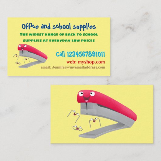 かわいい赤い幸せステープラー漫画イラストレーション 名刺 (正面/裏面)