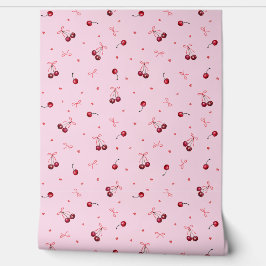 かわいい赤い弓さくらんぼハートオンピンク 壁紙