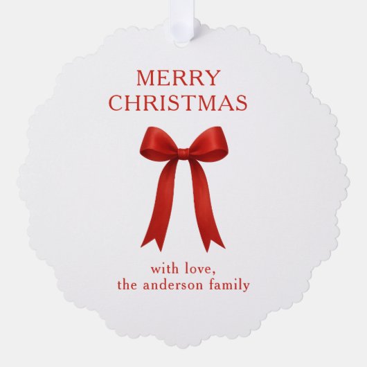 かわいい赤い弓の写真メリークリスマス オーナメントカード (正面)