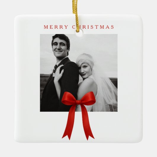 かわいい赤い弓の写真メリークリスマス セラミックオーナメント (正面)