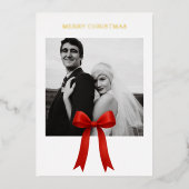 かわいい赤い弓の写真メリークリスマス 箔シーズンカード (正面)