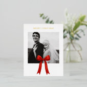 かわいい赤い弓の写真メリークリスマス 箔シーズンポストカード (立ち正面)