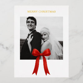 かわいい赤い弓の写真メリークリスマス 箔シーズンポストカード