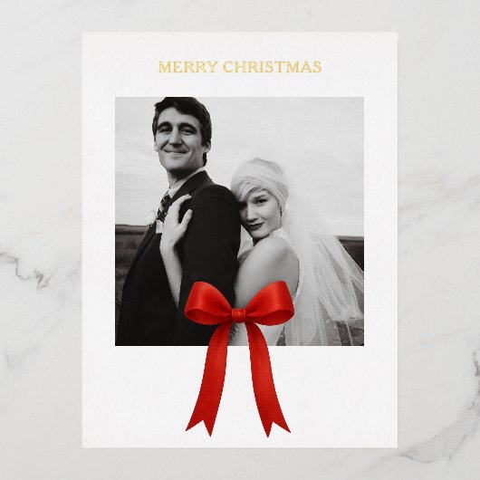かわいい赤い弓の写真メリークリスマス 箔シーズンポストカード (正面)