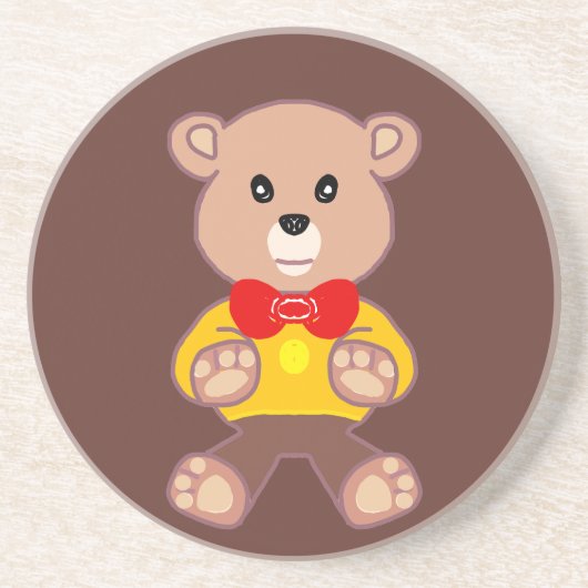 かわいい赤い弓タイベージュテディベアブラウン コースター (正面)
